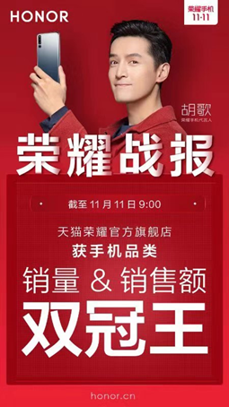 戰(zhàn)報(bào)速遞：上午9時(shí)，榮耀斬獲天貓雙11手機(jī)品類銷量銷售額雙冠王