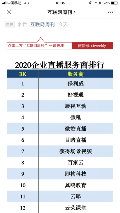 領(lǐng)航視頻產(chǎn)業(yè)藍海，保利威榮膺2020企業(yè)直播服務(wù)商排行榜榜首