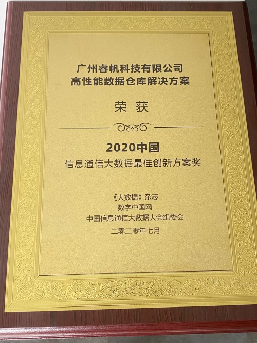 睿帆科技數(shù)倉解決方案，榮獲2020中國信通會大數(shù)據(jù)最佳創(chuàng)新方案獎