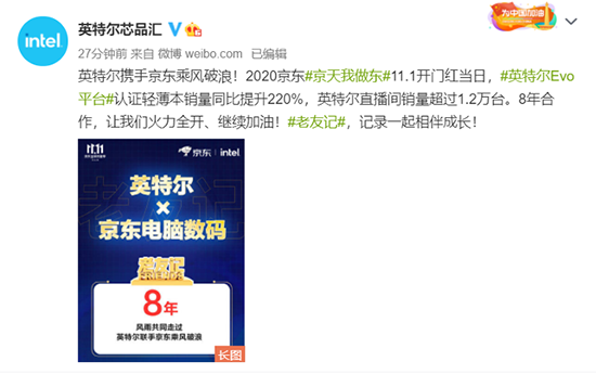 老友新成績！京東11.11開門紅搭載英特爾處理器輕薄本占比超七成！