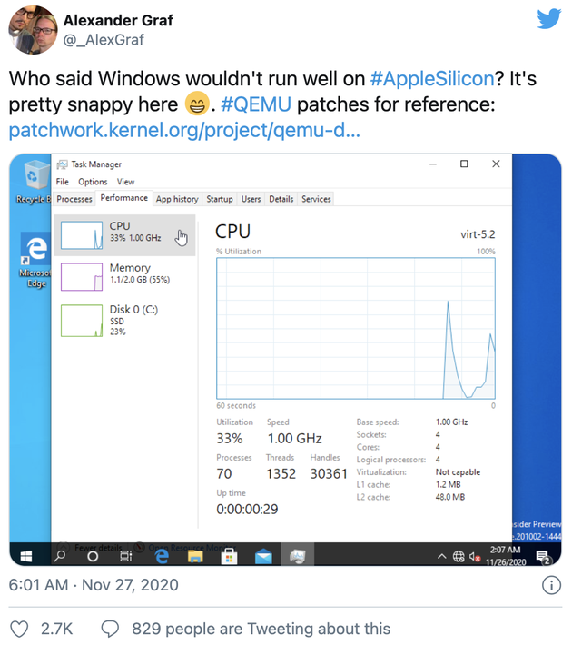 國外工程師在M1設備上成功運行Win 10