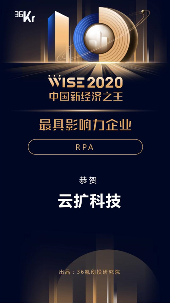 云擴科技獲36kr新經(jīng)濟之王「2020最具影響力企業(yè)，RPA將重構(gòu)未來工作方式