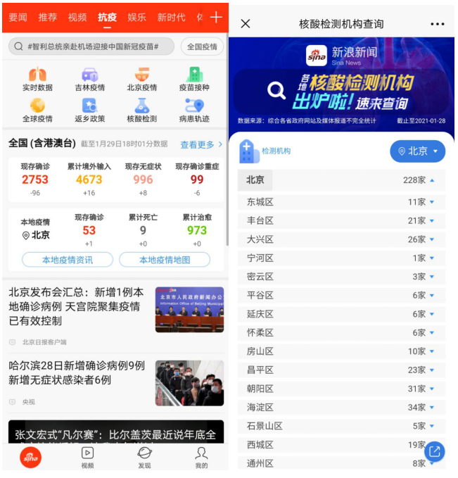 新浪新聞上線“核酸檢測(cè)”查詢功能 檢測(cè)機(jī)構(gòu)一鍵查詢
