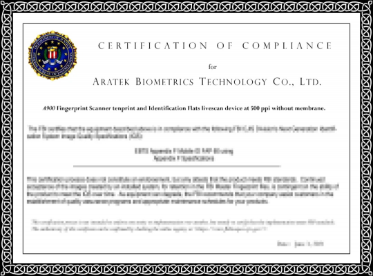 亞略特兩款超大面積活體指紋產品通過FBI高等級認證