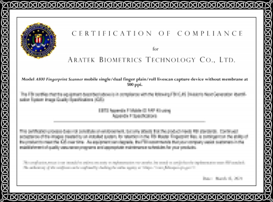 亞略特兩款超大面積活體指紋產品通過FBI高等級認證