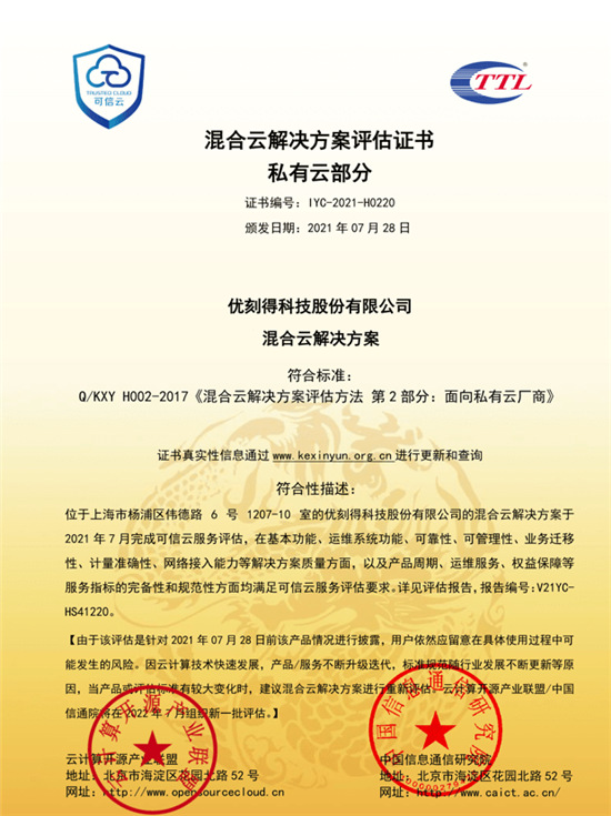 優(yōu)刻得UCloud UCMP云管平臺獲評首批“技術(shù)最佳實踐” 混合云通過可信云雙項權(quán)威認證