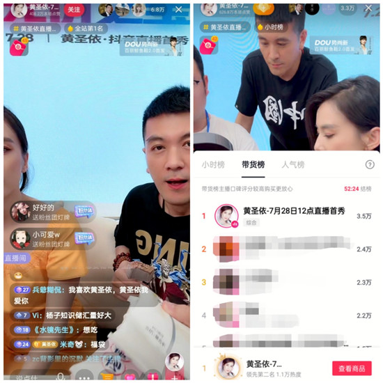 人貨場精準(zhǔn)匹配，黃圣依抖音帶貨直播首秀GMV破5000萬