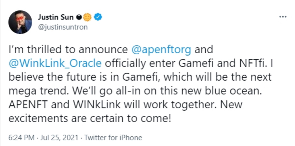 孫宇晨再落一子，APENFT和WINkLink要攜手布局GameFi了？