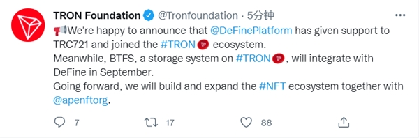 社交NFT平臺DeFine正式登陸波場，社交檔案系統(tǒng)引入TRON生態(tài)