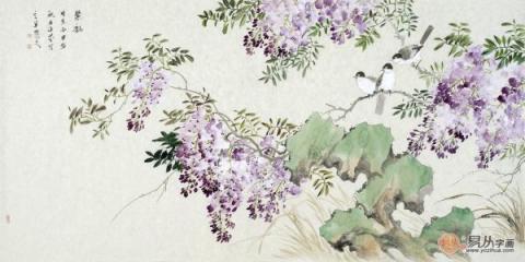名家國畫紫藤圖，美女畫家許芬紫藤花鳥畫賞析