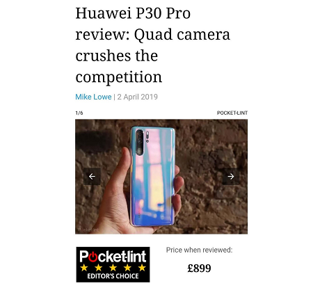 超級影像手機華為P30 Pro大滿貫，贏得一片海外媒體的最高贊譽