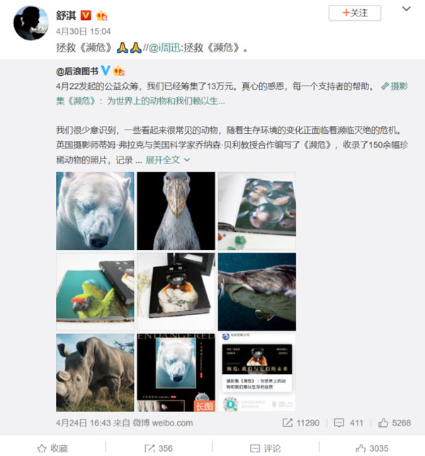 攝影集《瀕危》獲周迅舒淇發(fā)聲支持，摩點為改善瀕危動物生存環(huán)境助力