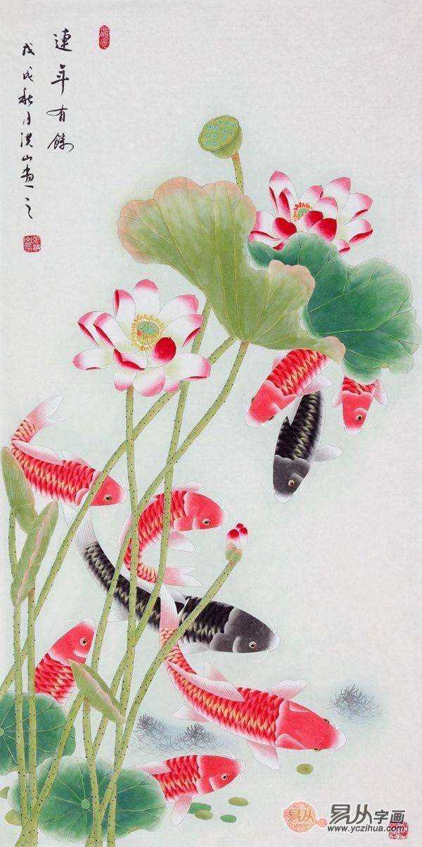 當(dāng)代擅畫九魚圖的畫家，張洪山工筆荷花九魚圖作品大全