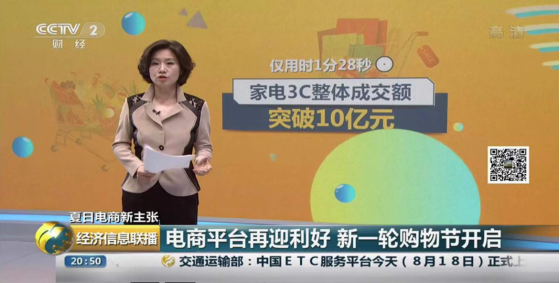 央視聚焦蘇寧818購(gòu)物節(jié)，僅1分28秒家電3C成交額破10億
