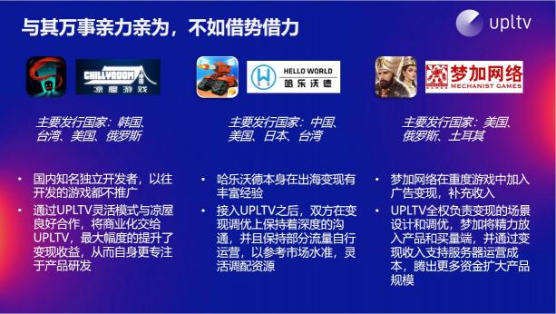 UPLTV受邀分享游戲出?！叭壳?/></p><p>UPLTV專注游戲出海廣告服務(wù)，自研聚合廣告產(chǎn)品接入多家廣告平臺(tái)，運(yùn)用先進(jìn)的算法優(yōu)化廣告邏輯，顯著提升廣告收益并可實(shí)現(xiàn)精準(zhǔn)用戶級(jí)廣告收益拆分。同時(shí)，我們始終秉持公開(kāi)誠(chéng)信的服務(wù)理念，竭力幫助多的游戲開(kāi)發(fā)者們，賦能中國(guó)創(chuàng)造的游戲綻放全球。</p><p><strong>寫在最后</strong></p><p>游戲出海大體可分為三步驟：首先，了解移動(dòng)游戲市場(chǎng)，開(kāi)發(fā)者需要結(jié)合自身情況，選擇適合的市場(chǎng)方向。建議開(kāi)發(fā)者選擇“內(nèi)購(gòu)+廣告”的混合變現(xiàn)模式，最大化收益。其次，理解用戶的喜好，發(fā)現(xiàn)不同出海市場(chǎng)競(jìng)爭(zhēng)情況和品類優(yōu)勢(shì)，專注投入一個(gè)適合自己的游戲品類，成功概率會(huì)更高。最重要的是，找到自身優(yōu)勢(shì)，牢記產(chǎn)品+買量+變現(xiàn)是成功產(chǎn)品的鐵三角定律，調(diào)整好變現(xiàn)優(yōu)化的每個(gè)細(xì)節(jié)，再?gòu)馁I量端突破實(shí)現(xiàn)收益躍升。</p>              	<p style=