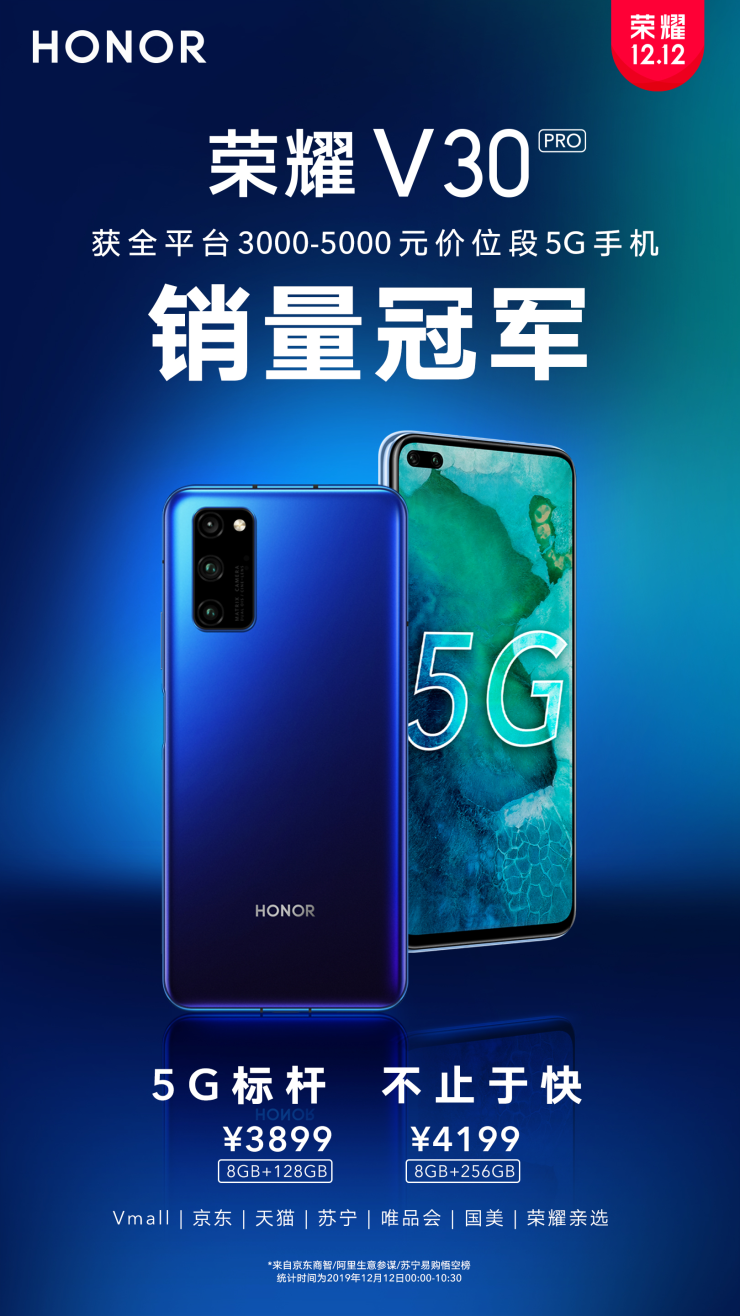 5G標(biāo)桿今日首銷 榮耀V30 PRO銷售火爆成同價位5G手機冠軍